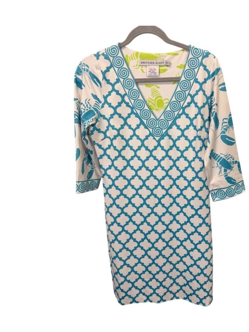 Gretchen Scott White Turquoise Print Sheath Dress V‑Neck 3/4 Sleeve XS EUC